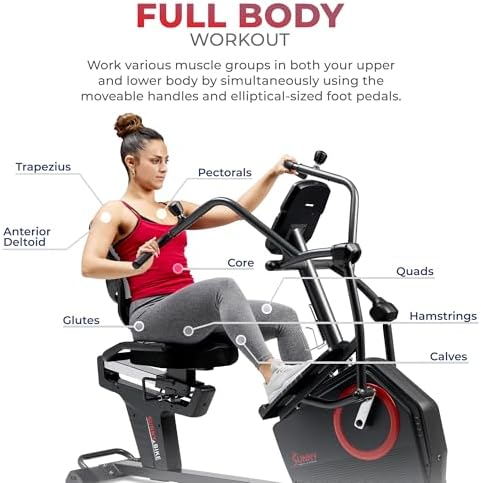 Sunny Health & Fitness Elite Recumbent Cross Trainer & Elliptical Machine with Arm Exercisers for Home Arm/Leg Training