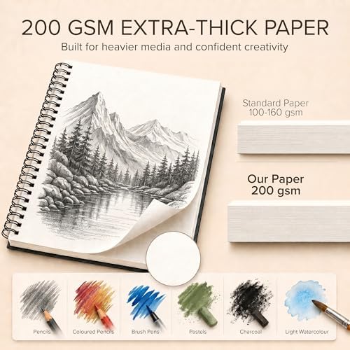 Artist’s Sketchbook Hardcover – 200GSM Very Thick Paper – Large, Spiral Sketch Book for Drawing and Mixed Media – Sketch Pad