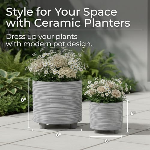 Set of 2 Footed Planters with Ridged Lines Accent – Ceramic Stoneware Outdoor & Indoor Plant Pot – Modern Garden & Home Decor Ceramic Planters