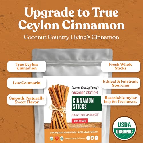 Organic Ceylon Cinnamon Sticks 8 oz - Whole Sticks from Sri Lanka, USDA | True Cinnamon 3" Quills, Fair Trade, Non-GMO, Gluten Free, Low Coumarin, Naturally Sweet Aroma, for Tea, Baking & Cooking