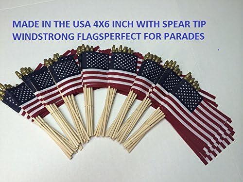 Lot of -100-4x6 Inch US American Hand Held Stick Flags With Spear Tip Cotton Blend Made in USA