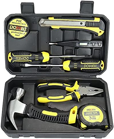 DOWELL Tool Kit, Hand Tool Set with Hammer, 9 Piece | mini tool kit, heat-treated chrome-plated steel, TPR ergonomic handles, blow-molded case, ultra-compact for storage