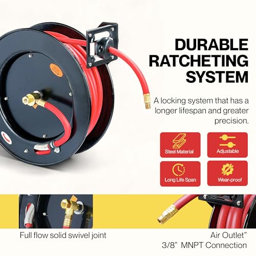 ReelWorks Retractable Air Hose Reel, 3/8" x 50 ft, 300 PSI, Hybrid | Keeps its hybrid hose flexible from -40°F to 176°F for year-round shop use