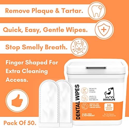 DogsLife Dog Tooth Wipes | Quick & Easy Finger Wipes for Teeth | Remove Tartar & Fight Bad Breath | Naturally Soothing Aloe Vera & Peppermint! Pack