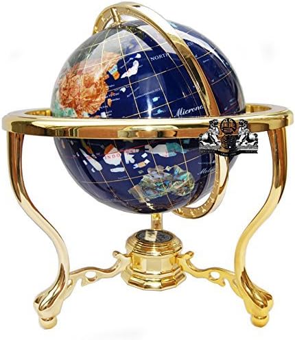14" Tall Blue Lapis Ocean Gemstone Globe with Tripod Gold Stand