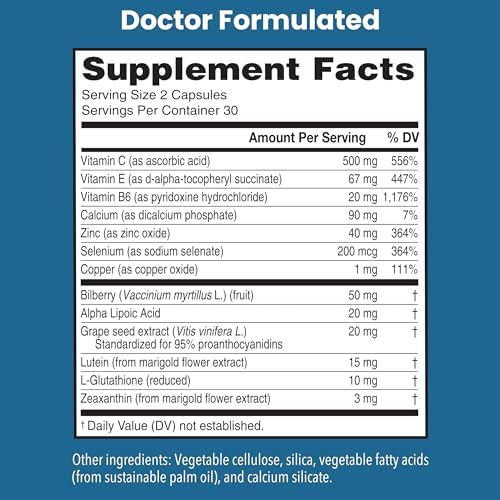 Macular Support with Lutein, Zeaxanthin Supplements, 60 Vegetarian Capsules | Doctor Formulated Eye Vitamins for Adults with Vitamin C, E, B6, Calcium