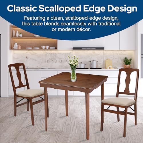 Stakmore Stylish Durable Versatile Square Folding Table, Cherry | Solid Wood Scalloped Edge Compact Traditional Card Table for Home Use