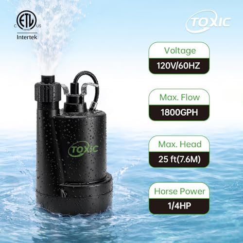 1/4 HP Submersible Sump Pump 1800 GPH Portable Utility Water Pump with 10ft Cord Thermoplastic Construction High Flow Drain Pump for Basement Garden