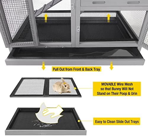Aivituvin Rabbit Hutch, Indoor Bunny Cage with Run Outdoor Rabbit House with Two Deeper No Leak Trays - 4 Casters Include (Grey)