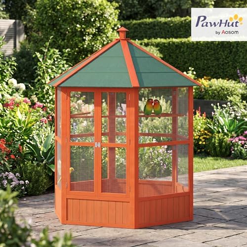 PawHut 44" Hexagon Covered Canopy Bird Cage with Stand Orange | Portable Aviary Flight Cage for Cockatiels, Conures, Lovebirds, Budgies & Small Birds