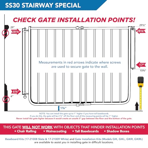 Cardinal Gates SS30 Stairway Special Baby and Pet Gate, 27-42.5 in, Black | One-hand latch, two-way swing and angle-mount hardware for babies and pets