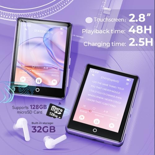 32GB MP3 Player with Bluetooth 5.3 Auto Reconnect, Zinc Alloy Frame | Built-in Speaker & White Noise, 2.8" Touchscreen, 48H Battery, Resume Playback