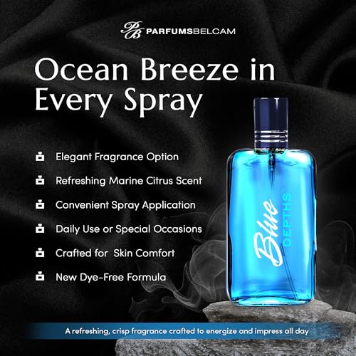 PB ParfumsBelcam Blue Depths Eau de Toilette Fragrance Spray - 3.4 Fl Oz. Fresh Aquatic Cologne for Men with Crisp Citrus, Warm Musk & Amber Scent