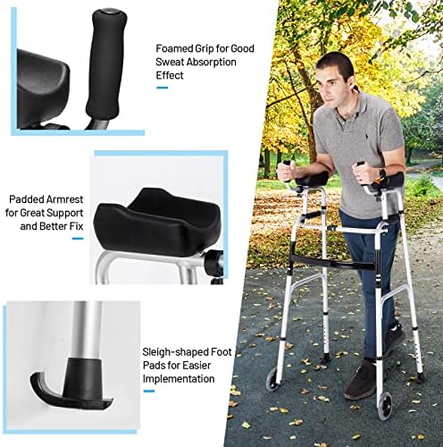 Goplus Walkers for Seniors, Foldable Standard Walker with 5’’ Wheels and Removable Padded Armrests 220lbs, Lightweight Walking Mobility Aid