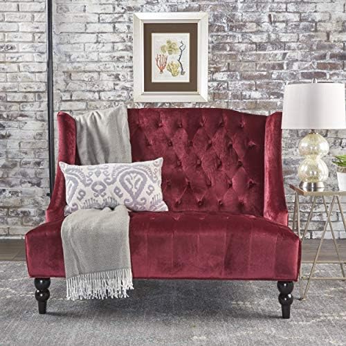 Christopher Knight Home GDFStudio Leona Modern Glam Tufted Velvet Wingback Loveseat, Wine and Dark Brown, 34.00 ''D x 50.25‘’W x 38.50'' H