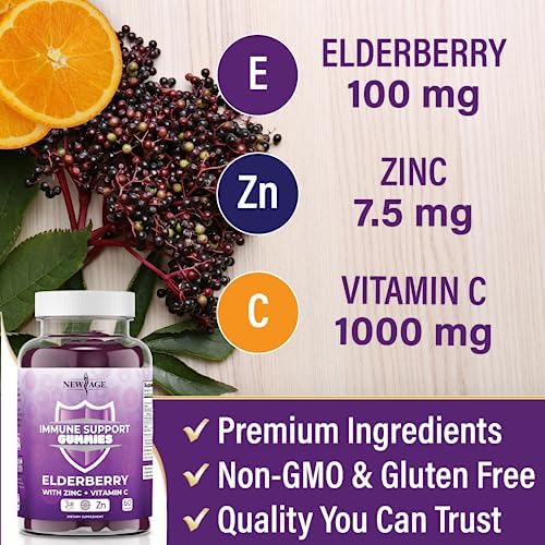 NEW AGE Immune System Support Gummies - Sambucus Black Elderberry Gummies with Vitamin C and Zinc (120 Count (Pack of 2))
