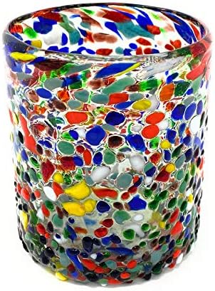 Hand Blown Mexican Drinking Glasses – Set of 6 Confetti Rock Tumbler Glasses (10 oz each)