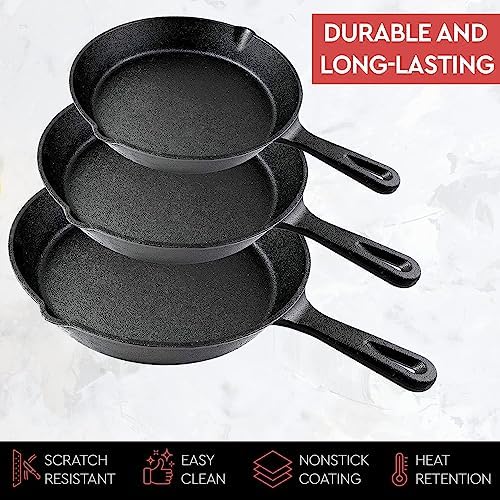 Cast Iron Skillet 3-Piece Set w/Cookbook - Heavy-Duty Professional Restaurant Chef Quality Pre-Seasoned Pan Cookware - 10", 8", 6.25" Pans - For Frying, Saute, Cooking, Pizza - Black