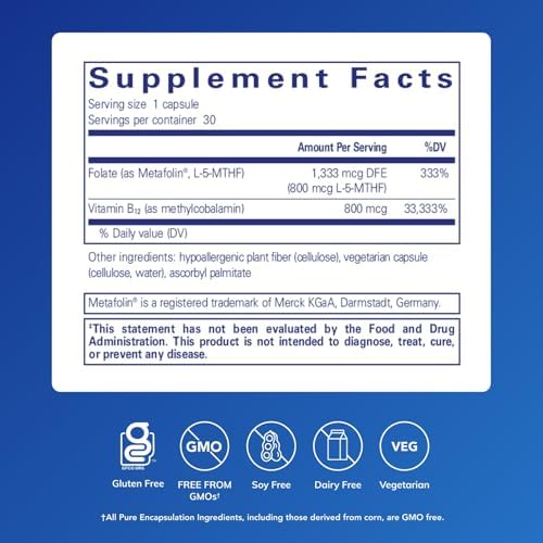 Pure Encapsulations B12 Folate - Energy Supplement to Support Nerves, Energy Metabolism & Cognitive Support* - with Vitamin B Folate as Metafolin - 60 Capsules | Energy Supplement to Support Nerves, Energy Metabolism and Cognitive Function Support*, with…