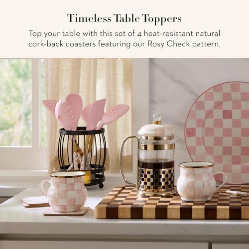 MACKENZIE-CHILDS Square Coasters Set, Black-and-White Courtly Check | Hand-painted design, made from MDF with a cork back, table coasters for drinks, 4" square, set of 4
