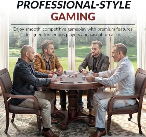 Hathaway Bridgeport 2 in 1 Round Poker Table and Chairs Set for Dining & Game Rooms – Furniture Grade Hardwood, Sturdy Pedestal Legs, Drink Holders