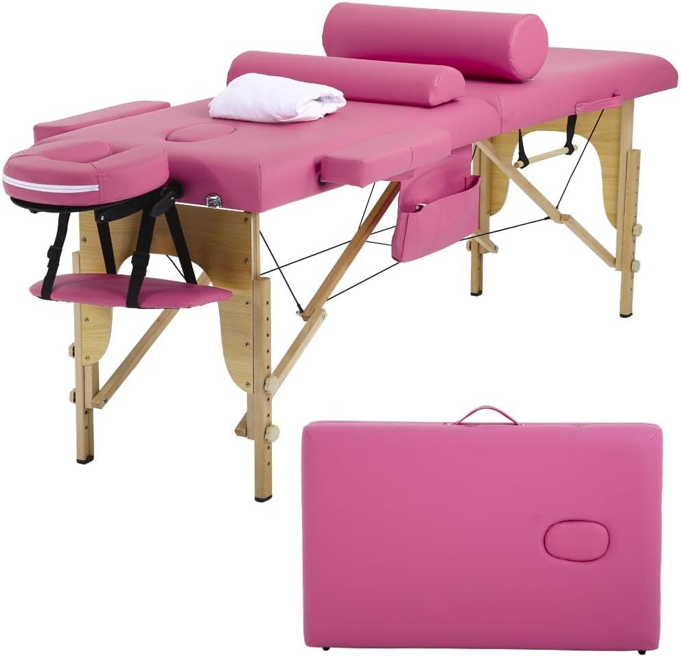 BestMassage Massage Bed Portable Massage Table 28 inch Wide Lash Bed Height Adjustable 2 Folding Spa Table with Towel Hanger Oil Pouch Half Bolster Round Bolster Non-Woven Bag
