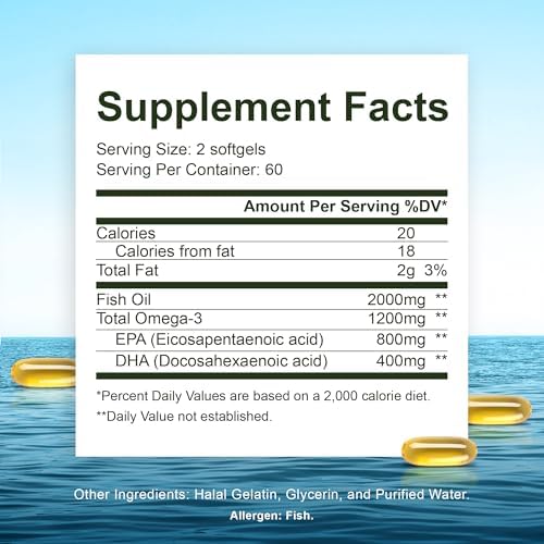 Noor Vitamins Halal Fish Oil, Halal Vitamins, Ultra Omega 3 Wild Peruvian Fish (800 mg EPA & 400 mg DHA) Heart, Brain & Joint Support