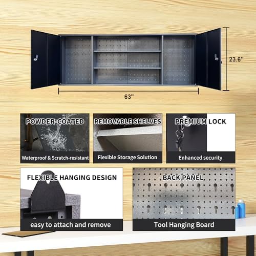 Storage Workbench System Set with Lockable Cabinet, Includes Metal Wall Cabinets Pegboards & Hooks, Wood Worktop for Garage Office Repair Shop