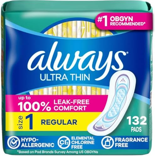 Always Ultra Thin Feminine Pads with Wings for Women, Size 1, Regular Absorbency, Unscented, Up to 100% Leak-Free Protection, 46 Count
