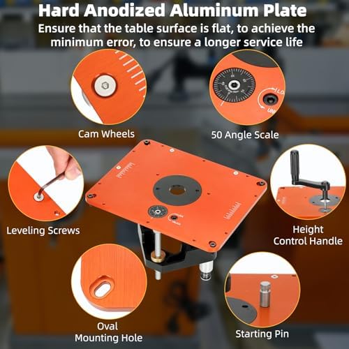 Precision 3-1/2" Router Table Lift Systems for 3-1/2" Diameter Motor | 9-1/4'' x 11-3/4'' Router Table Insert Plate with 5 PCS Insert Ring for Bosch