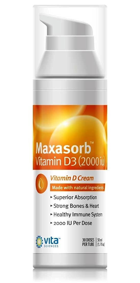 Vita Sciences Maxasorb Vitamin D3 Cream 2,000 IU, Topical Formula - 1.7 Oz | Delivers 2,000 IU of Topical Vitamin D3 Cream Per Pump - Fast-absorbing, Non-greasy, Paraben-Free Daily Skin Moisturizer.