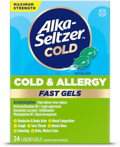 Alka-Seltzer Cold, Cold & Allergy Max Strength Fast Gels, Allergy Medicine, Multi-Symptom Relief, Body Aches and Pains, Congestion Relief