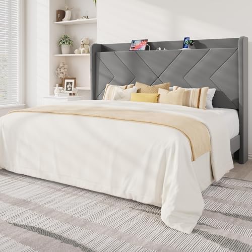 Allewie Full Size Platform Bed Frame with Charging Station and Storage Shelf/Upholstered Velvet Wingback Headboard/Wooden Slats Support/No Box Spring Needed/Easy Assembly, White