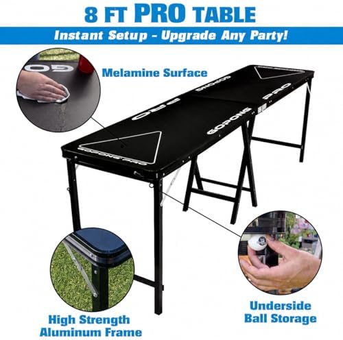 GoPong PRO 8 Foot Premium Beer Pong Table - Heavy-Duty (Black, 36-Inch Tall)
