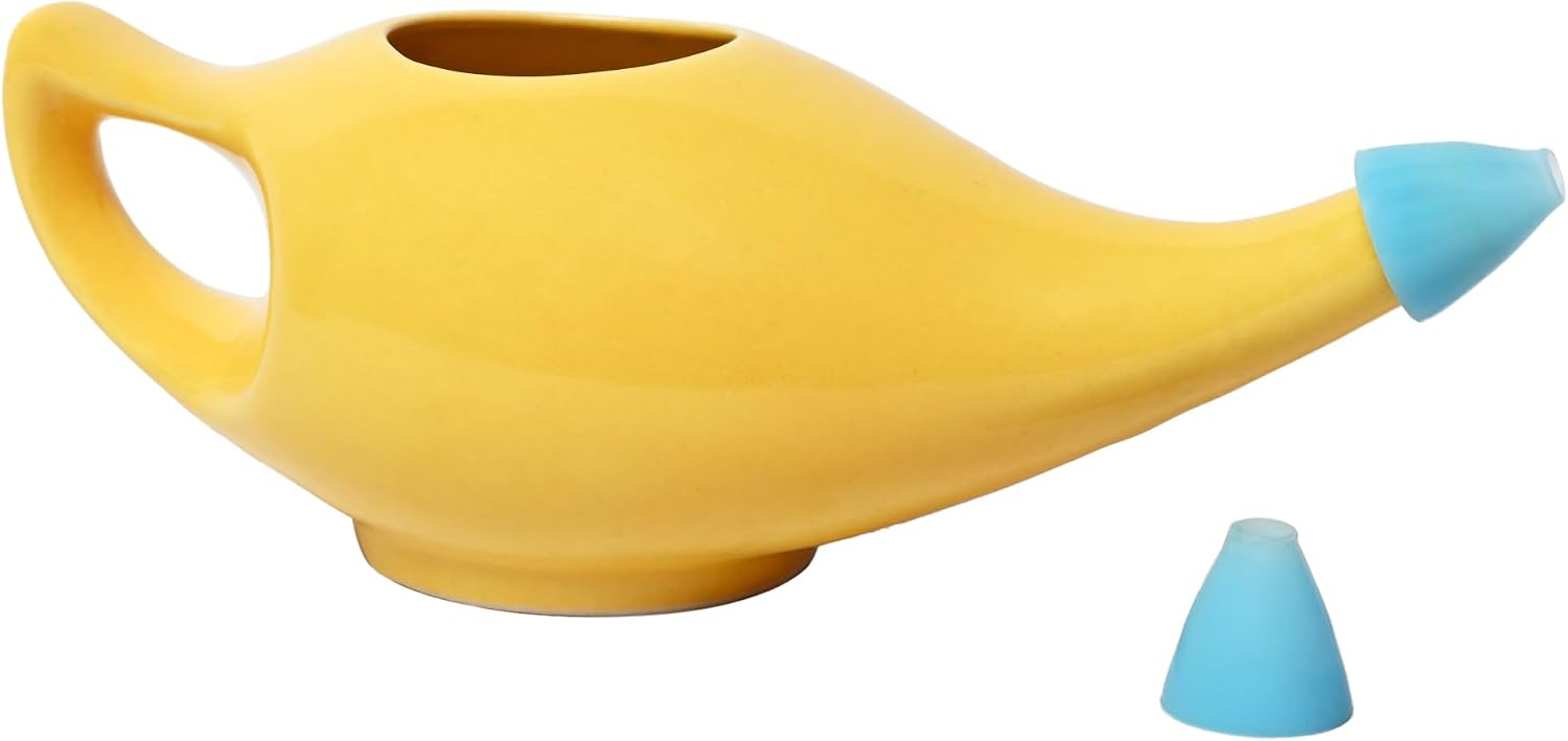 HealthGoodsIn Ceramic Neti Pot, Dishwasher Safe, Premium Handcrafted with 2 Silicone Nozzle and Salt for Sinus - 225 Ml. Capacity (Brown)