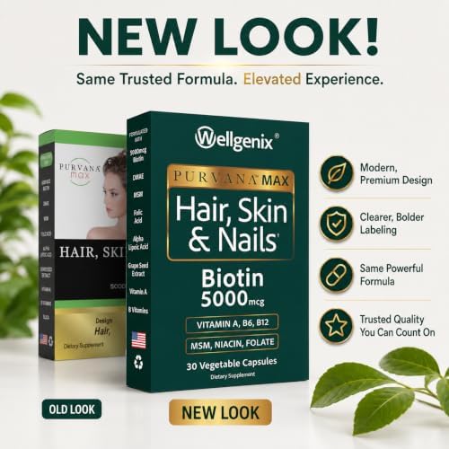 Wellgenix Purvana MAX Hair Skin and Nails Supplement – 5000mcg Biotin with MSM & B-Complex – Support for Thicker Hair, Stronger Nails & Glowing Skin – 30 Veggie Capsules | Biotin, MSM & hyaluronic acid in vegetable capsules for thicker, fuller hair, stro…