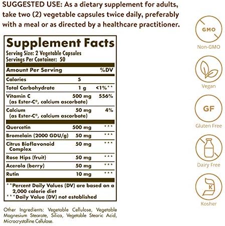 Solgar Quercetin Complex with Ester-C Plus, 100 Vegetable Capsules - Supports Immune Health, Antioxidant - Gentle on the Stomach Vitamin C - Non-GMO