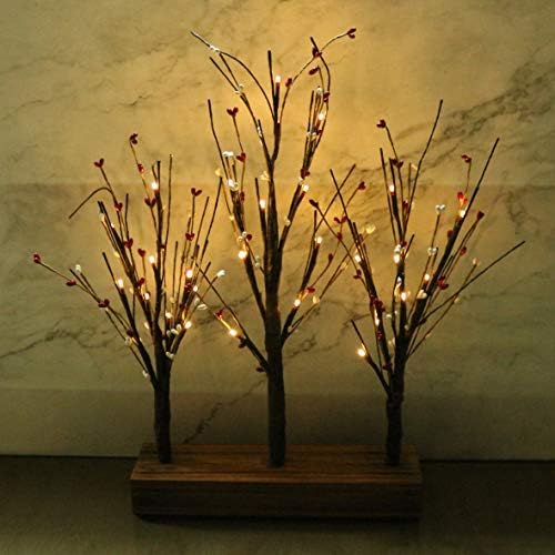 Battery Operated w/Timer Illuminated Pip Berry Tree Centerpiece Lighted Three Trees Tabletop LED Lights, for Home/Party/Wedding/Festival/Indoor Decoration, 21-Inch