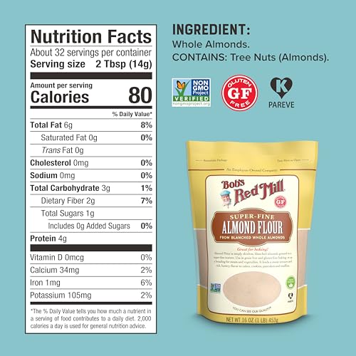Bob's Red Mill Blanched Almond Flour, Finely Sifted - 1 Pound (Pack of 4) - Non-GMO, Gluten Free, Paleo, Vegan, Keto Friendly
