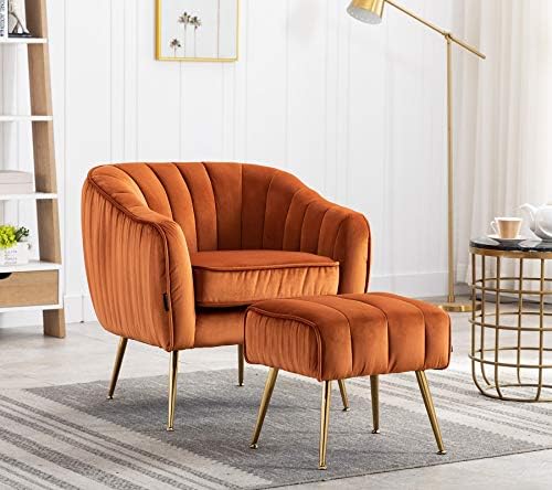 Velvet Modern Tub Barrel Arm Chair Upholstered Tufted with Gold Metal Legs Accent Club Chair with Ottoman Footrest for Living Reading Room Bedroom