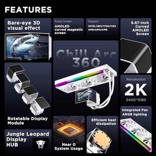 Chill Arc 360mm AIO CPU Cooler, 6.67" 2K AMOLED Screen-Wh | White 320W TDP Water Liquid Cooling | ARGB Fans | Intel LGA1851/1700/115X & AMD AM5/AM4 Compatible| Low noise