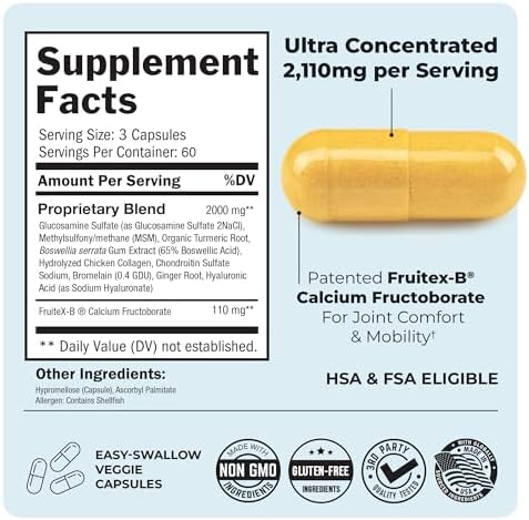 Glucosamine Chondroitin MSM Joint Support Supplement, 90 Capsules | Turmeric & Ginger, Hyaluronic Acid, Collagen, Glucosamine Chondroitin Sulfate for Joint Comfort, Gluten Free, Non GMO