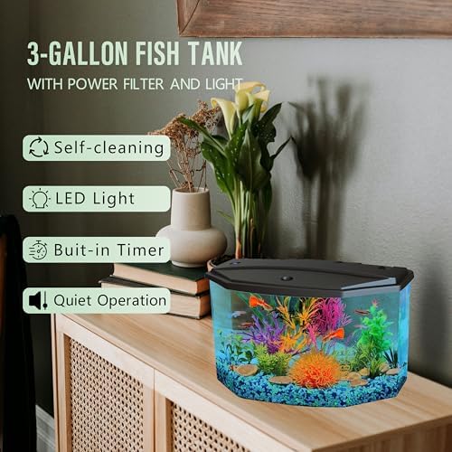 Koller Products Plastic 3-Gallon Aquarium Starter Kit with 4 Colors LED Lighting and Complete Filtration, Ideal for a Variety of Tropical Fish