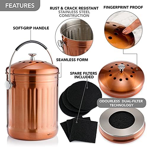 RED FACTOR Premium Compost Bin for Kitchen Countertop - Stainless Steel Food Waste Bucket with Innovative Dual Filter Technology - Includes Spare