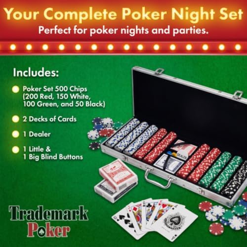 Poker Chip Set - 11.5g Poker Set with Cards, Buttons, Carrying Case, and 500 Poker Chips for Texas Hold'em and Blackjack Games by Trademark Poker