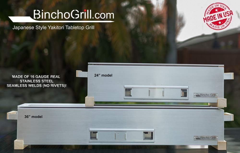 The Bincho Grill 36" Yakitori Charcoal Grill, Japanese Style Tabletop Robata BBQ – Stainless Steel