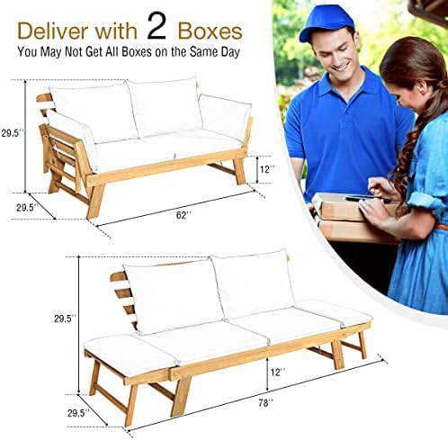 Tangkula Convertible Acacia Wood Patio Couch Sofa Bed with Adjustable Armrest, Outdoor Daybed with Cushion & Pillows