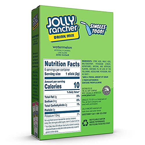 Jolly Rancher WATERMELON Singles to Go (4 Boxes of 6 Packets Each Box) | 6 Servings Each, 24 Total Servings - Watermelon Sugar Free Water Flavoring Packets, Powdered Drink Mix - Just Add Water