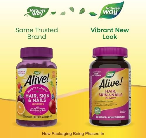 Nature's Way Alive! Hair, Skin & Nails Gummies with Collagen & Biotin,60 ct | Advanced Beauty Formula Supplement with Antioxidant Vitamins C & E*, 100 mg Collagen, 2,500 mcg Biotin, Strawberry Gummy