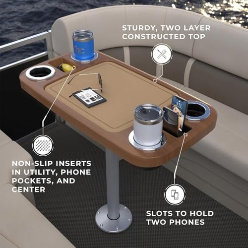 Manufacturers' Select ITC Boat Table Set - 18"x34" Removable Pontoon Boat Table with Center Non-Slip Mat, Pedestal Leg, 4 Drink Holders